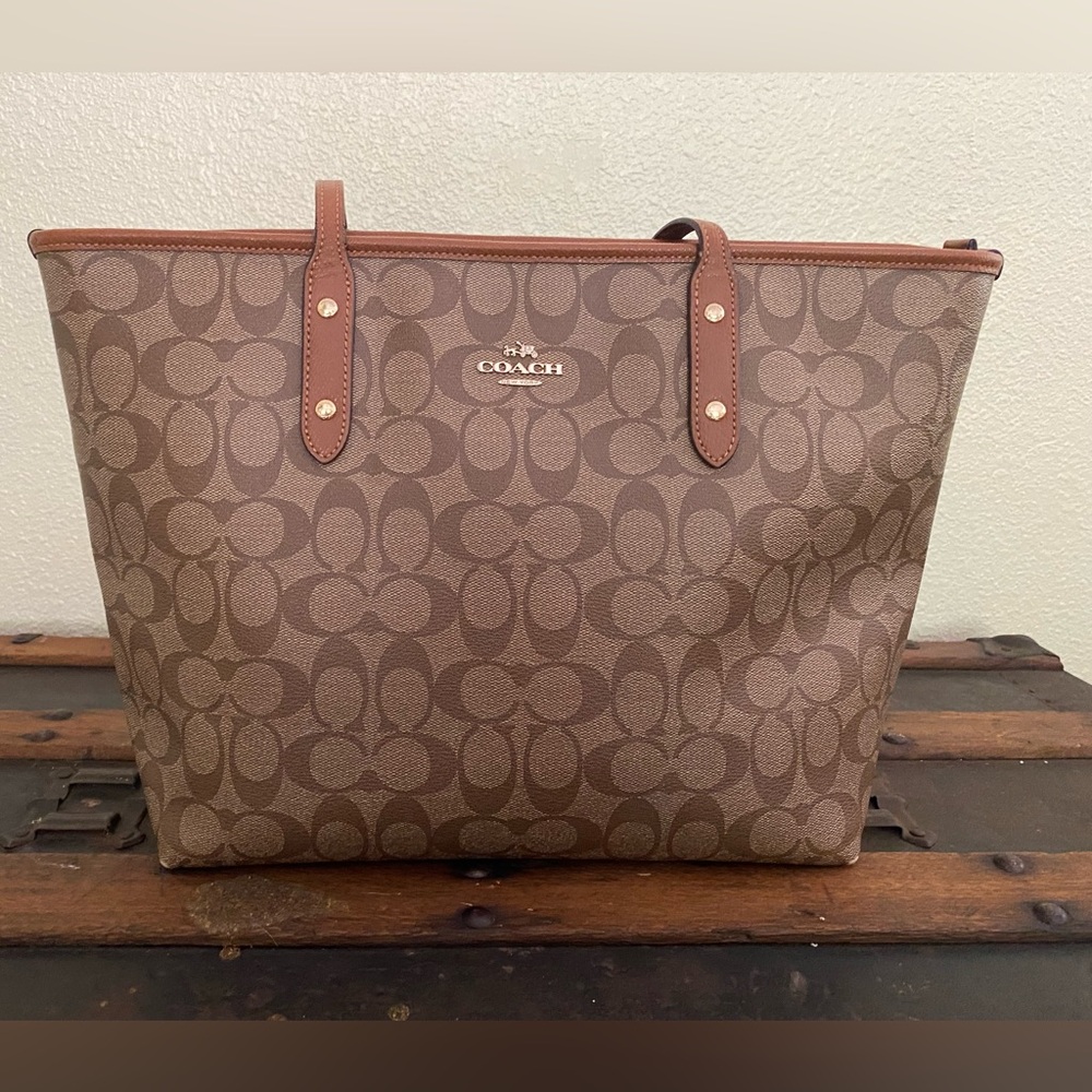 Coach coated canvas taupe and tan purse handbag